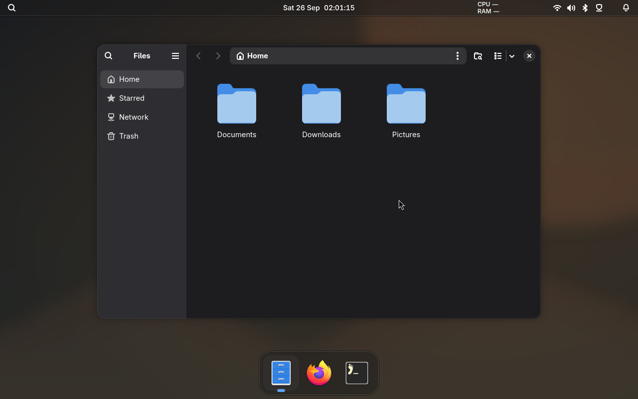 GNOME Files open above the Bingux dock