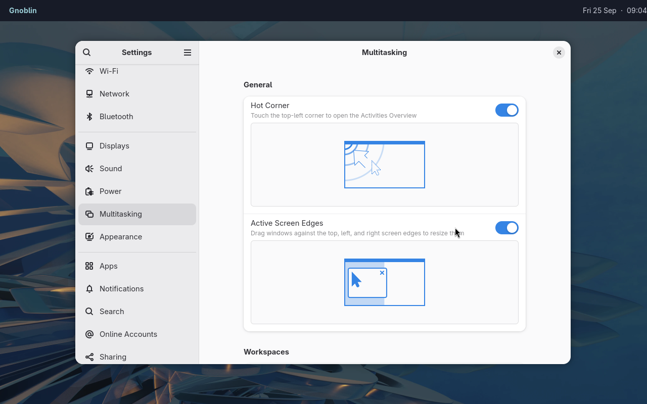 GNOME Settings in a Gnoblin devkit desktop with Waybar
